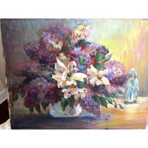 Stunning vintage oil painting Lilacs and Dogwood Emily Schellinger NJ artist